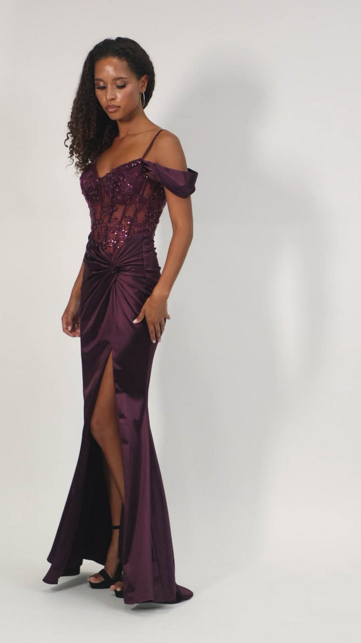 B Darlin Juniors Off-The-Shoulder Satin Gown with Beaded Bodice
