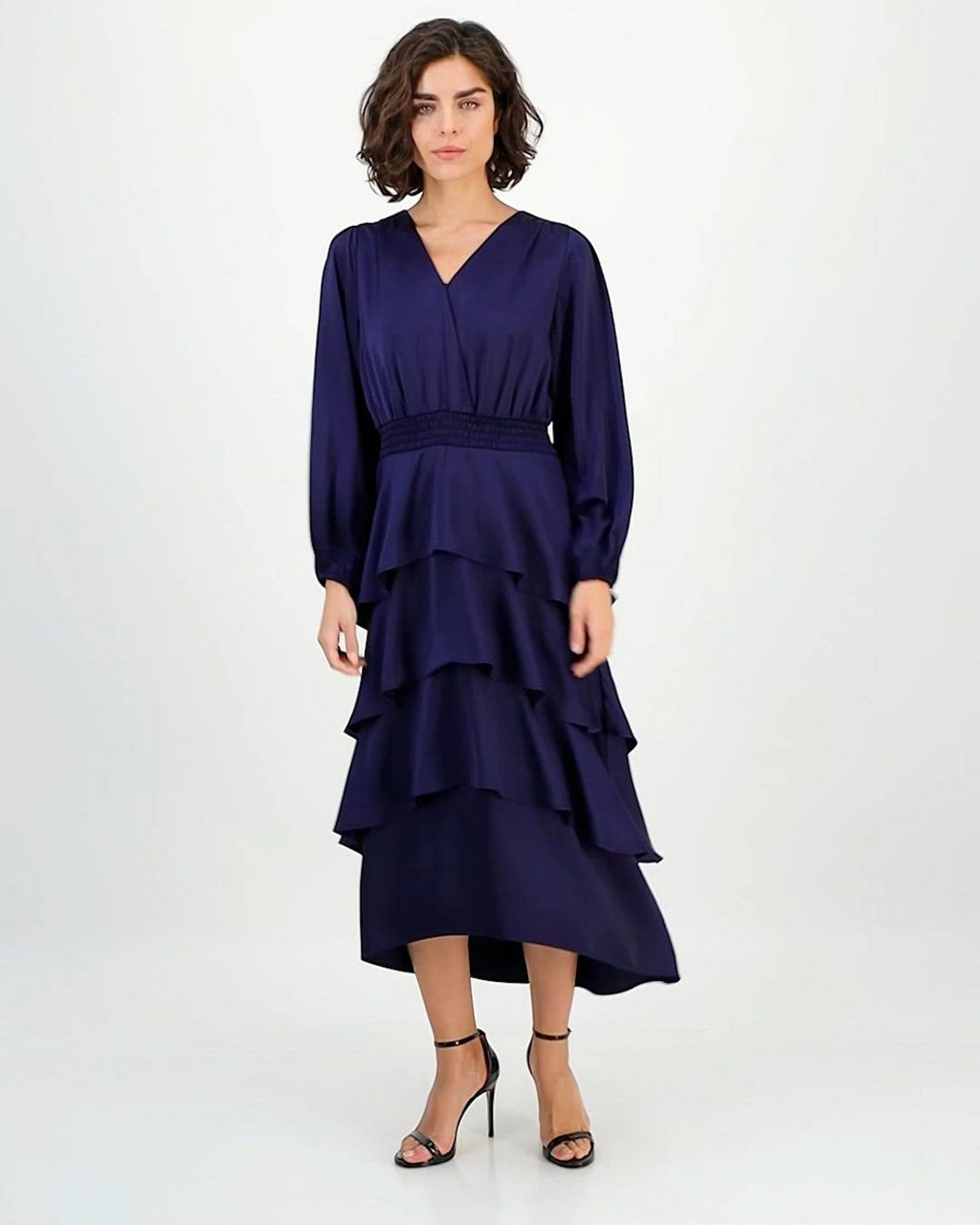 Anne Klein Women's Satin Surplice-Neck Tiered Midi Dress - Macy's