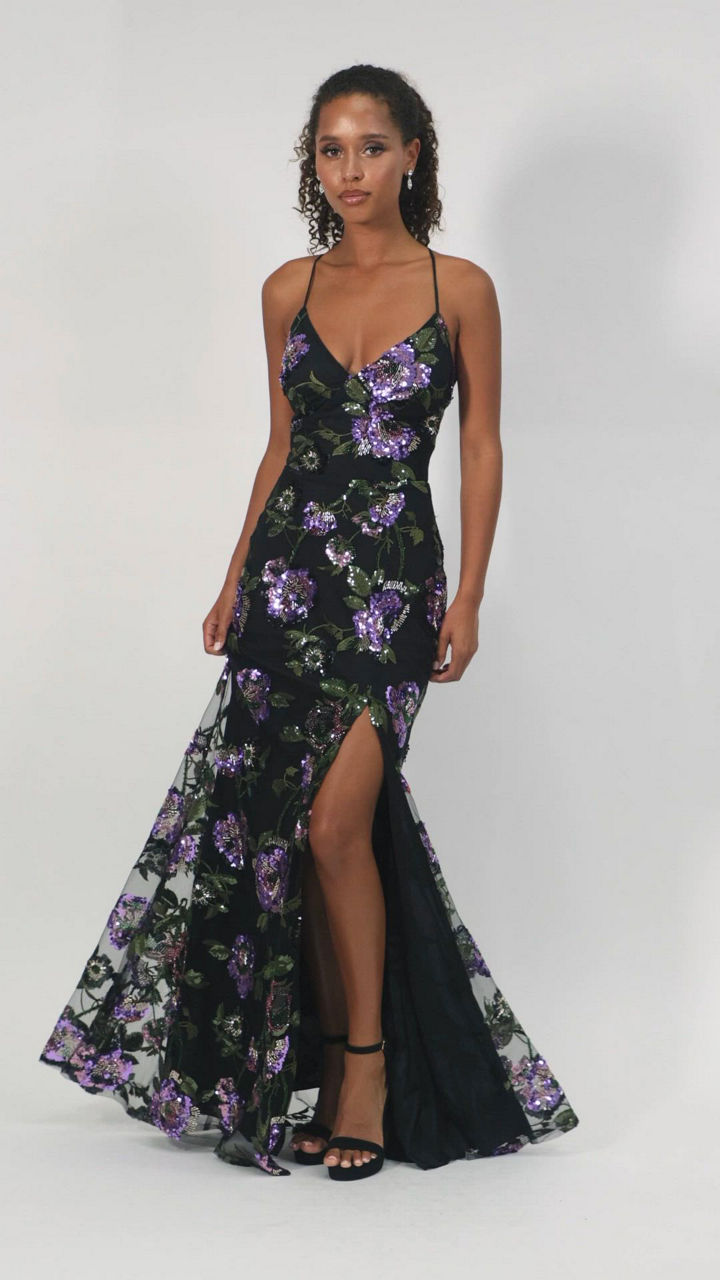 Say Yes Juniors' Floral Embroidery Sequin Applique Front Slit Gown