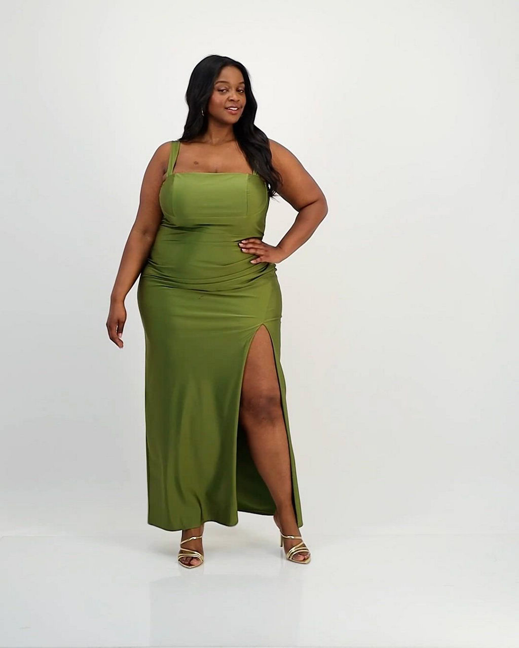 moss green dress plus size Seni & Cade Trendy Plus Size Sateen Bow-Back Dress - olive