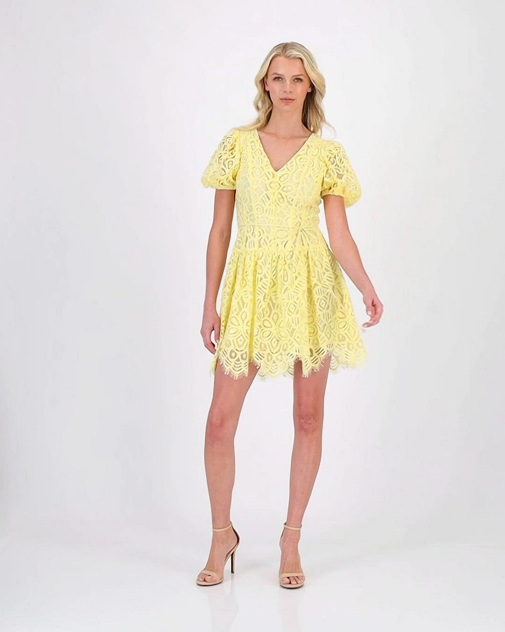 puff sleeve lace mini dress Good Vibes Puff Sleeve Deep V-Neckline Lace Mini Dress White