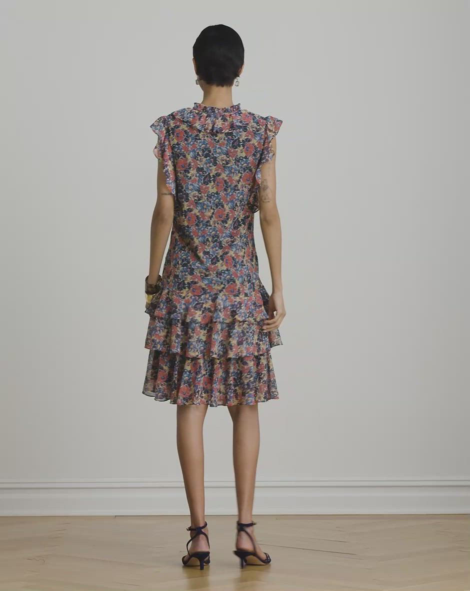 Lauren Ralph Lauren Women's Floral Ruffle Trim Split Neck Dress