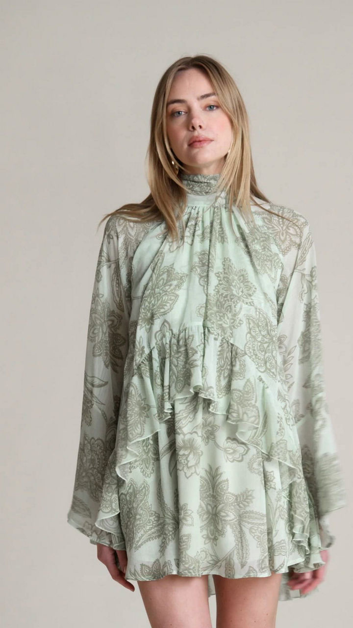 chinese dress ladies Long Sleeve Mini Dress Flowy Mock Neck Ruffle Layered in Milky White main image 0