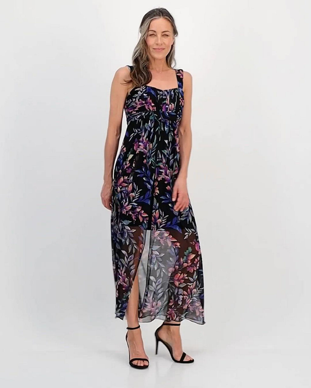 elegant floral print sleeveless maxi dress Regal Peony Print Tie-Waist Sleeveless Maxi Dress in Black for Exclusive Celebrations & Corporate Dinners Black S