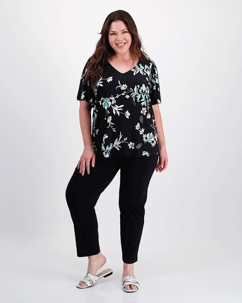 JM Collection Plus Size Tossed Floral V-Neck Flutter-Sleeve Top