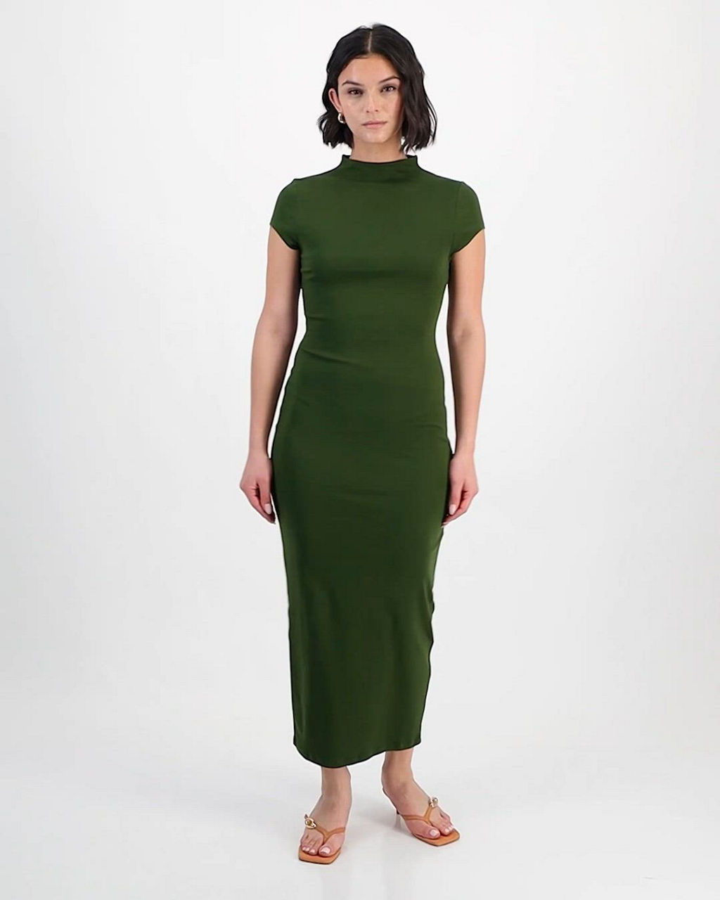cap sleeve mock-neck slim knit midi dress Cap-Sleeve Mock-Neck Slim Midi Dress