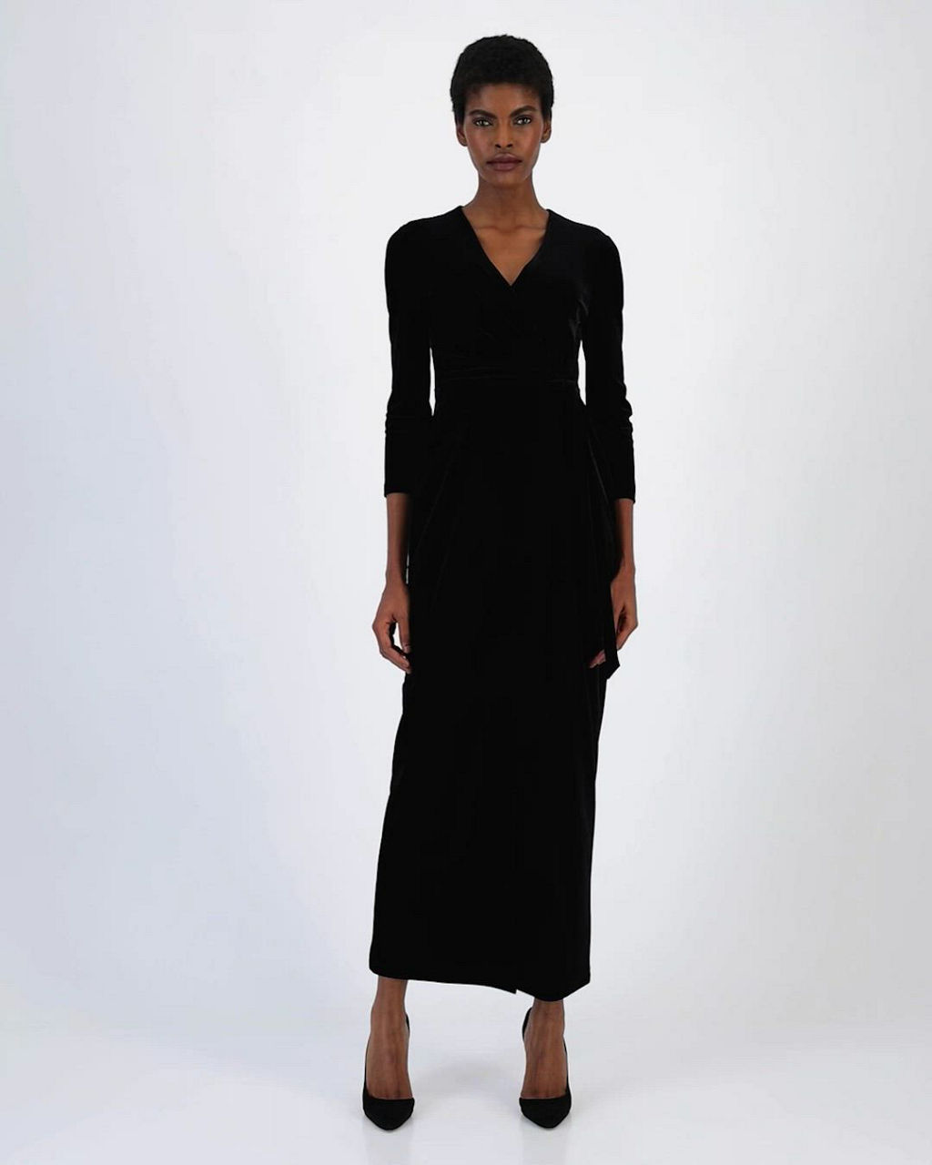 anne klein black velvet dress Women's Faux-Wrap Maxi Gown Fabric Type: Velvet Winter Wedding Guest Dresses: COLOR:Black Suede the ARANYANI flatters the