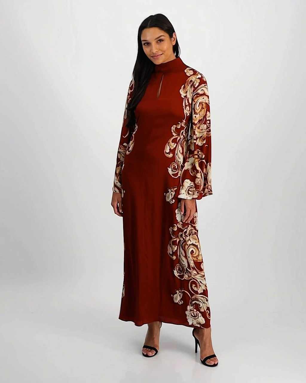 Elie Tahari Women's Analeia Mock-Neck A-Line Long-Sleeve Silk-Blend Maxi Dress