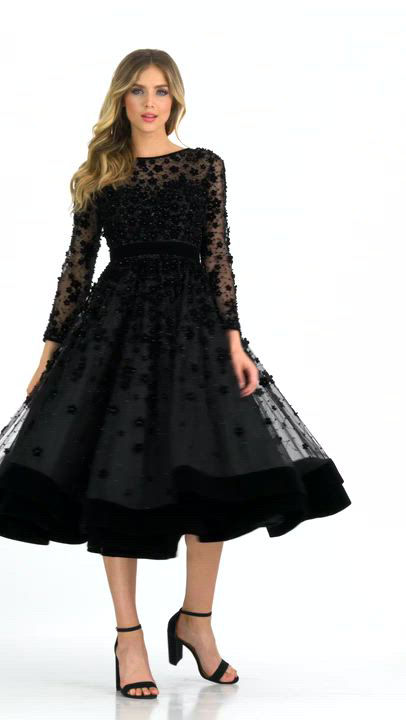 MAC DUGGAL イリュージョンハイネックミディドレス Mac Duggal Women's Beaded Illusion High Neck Long Sleeve A
