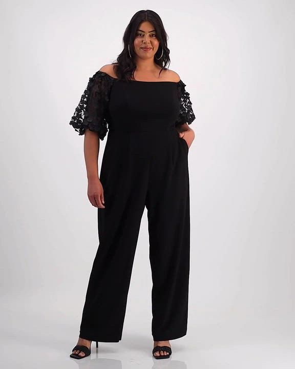 XSCAPE Plus Size Puffed-Sleeve Off-The-Shoulder Jumpsuit