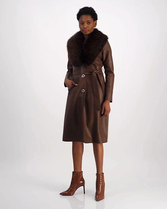 Kenneth Cole Women's Faux-Fur-Trim Faux-Leather Coat - Macy's