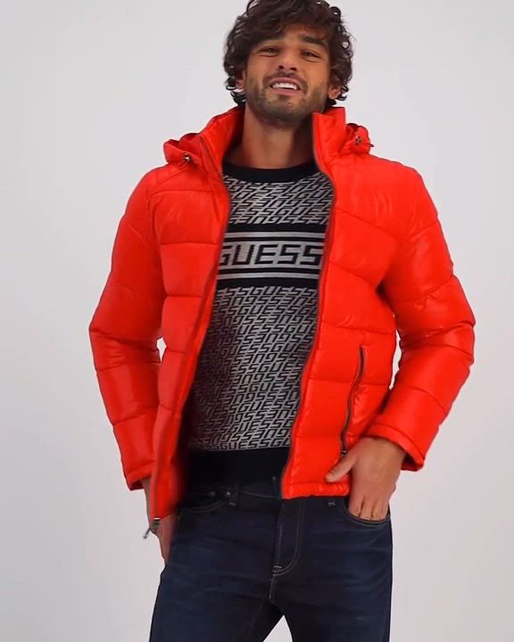 Red Puffer Guess Down Jacket Men's GUESS Men's Hooded Puffer