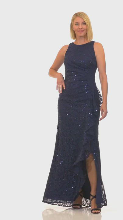 sachin and babi light blue dress Alex Evenings Sequin Lace Cascading Ruffle Gown