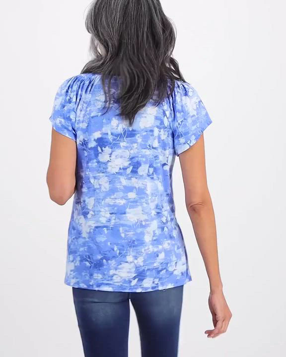 Style & Co Women's Petite Pleated-Neck Short-Sleeve Top