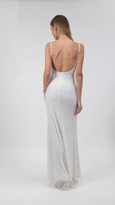 B Darlin Juniors' Glitter and Faux-Pearls Open-Back Gown