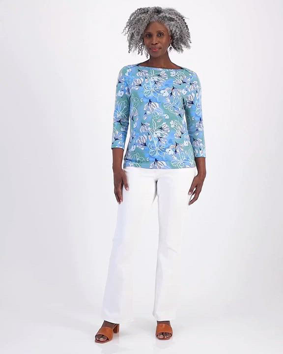 Style & Co Women's Pima Cotton Printed 3/4 Sleeve Boat-Neck Top