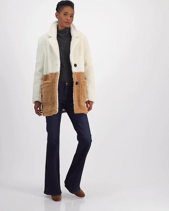 French Connection Women's Faux Shearling Colorblocked Teddy Coat