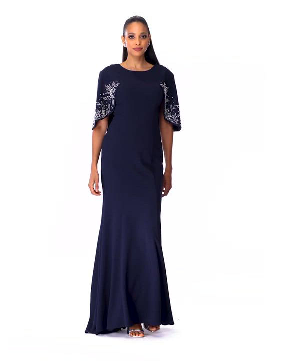 Betsy & Adam Petite Studded-Sleeve Evening Gown - Macy's