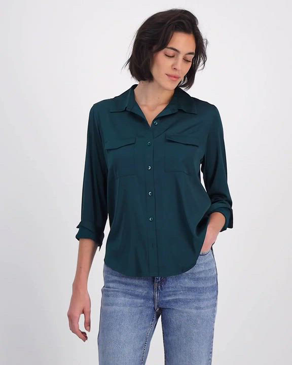 On 34th Women's Button-Front Long-Sleeve Satin Utility Shirt