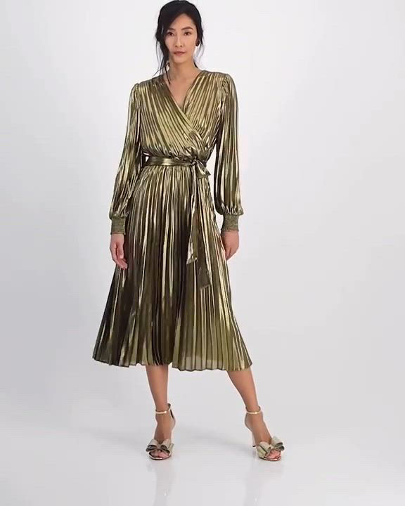 gold metallic plisse strappy knot front midi dress Gold Metallic Tie Neck Midi Dress