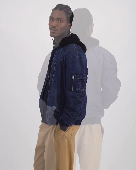 Mode of One Men's Costas Zip-Front Denim Bomber Jacket