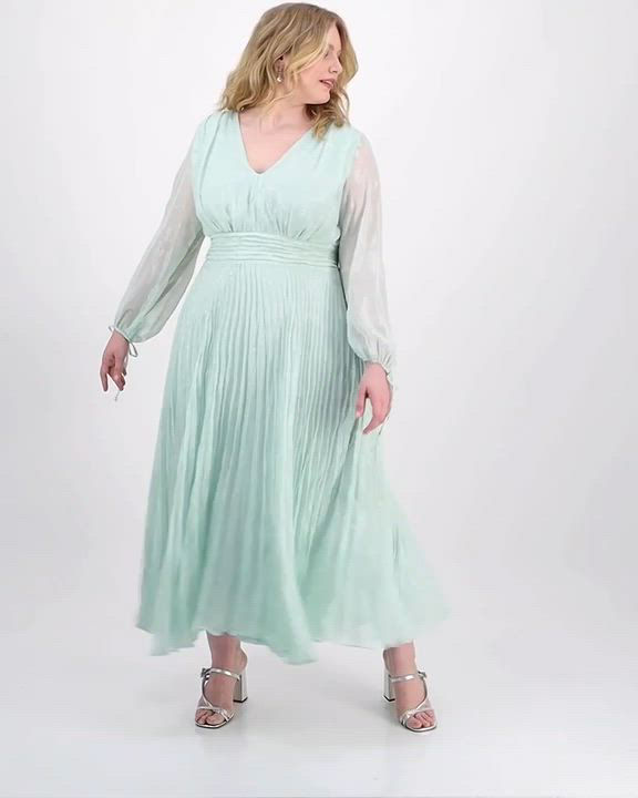 knee length dresses for ladies Light Blue Pleated Long Sleeve Maxi Dress – shopaleena main image 1