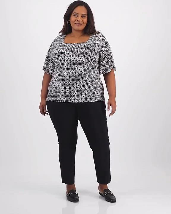 売れ筋商品|||ジェイエムコレクション カットソー トップス レディース Plus Size Printed Square-Neck Short-Sleeve Top, Exclusively at Macy's Neo Jade Combo Jm Collection Plus Size Printed Square-neck Short-sleeve Top
