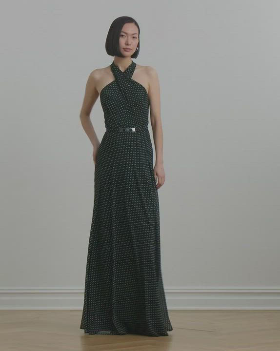 Lauren Ralph Lauren Women's Polka-Dot Belted Georgette Halter Gown - Macy's