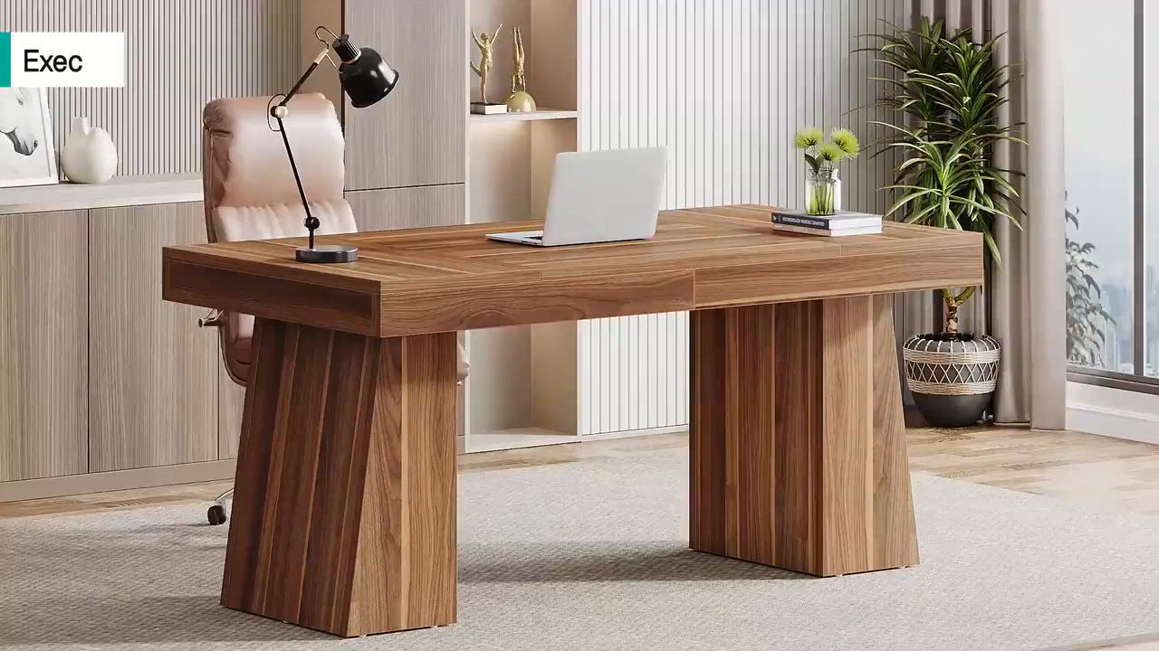 Tribesigns 55 Inches Executive Desk, Mid-Century Modern Home Office Desk  with Double Trapezoid Base, Wood Computer Desk Business Workstation Desk -  Macy's, image size:1280x720