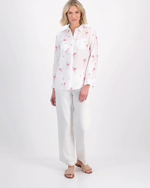 売れ筋商品|||チャータークラブ カットソー トップス レディース Women's Printed 100% Linen Roll-Tab Shirt, Exclusively at Macy's Confetti Pink Charter Club Women's Linen Flamingo-Print Roll-Tab Shirt
