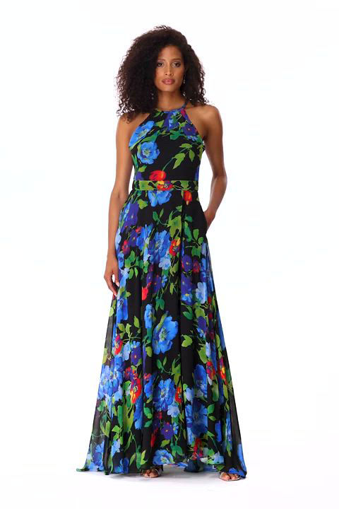 Betsy & Adam☆爽やかグリーンフローラル柄シフォンロングドレス Betsy & Adam Petite Size Sleeveless Halter Neck Floral
