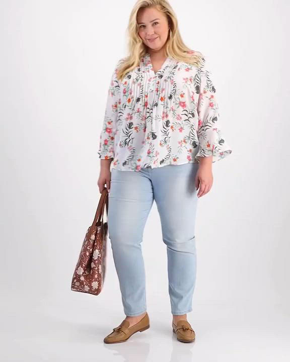 売れ筋商品|||スタイルアンドコー カットソー トップス レディース Plus Size Printed Ruffle Pintuck Top, Exclusively at Macy's Atomic Orange Combo Style & Co Women's Printed Pintuck Ruffle Sleeve Top