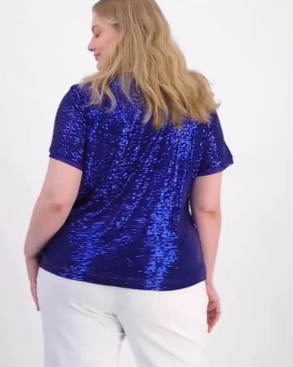 売れ筋商品|||アンクライン カットソー トップス レディース Plus Size Sequin-Embellished Short-Sleeve Top Santorini Blue 6370853661112