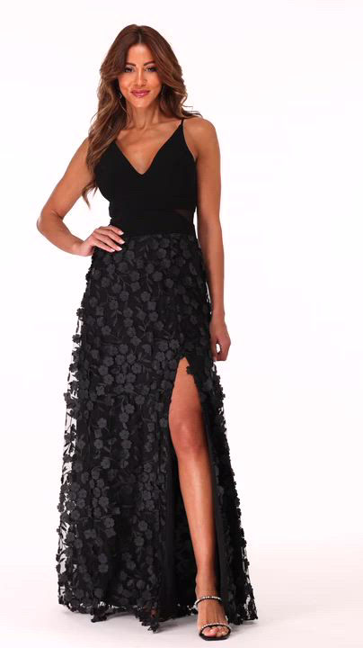 black dress with gold heels Black Strapless Crepe Dress With 3D Satin Flowers