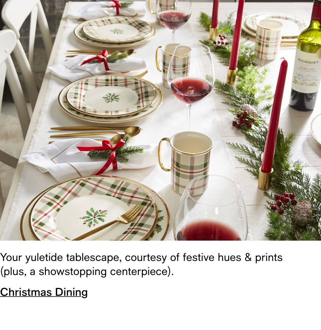 Your yuletide tablescape, courtesy of festive hues and prints