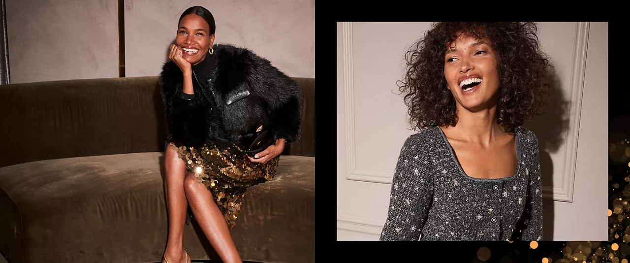 Split image with women wearing sparkling holiday fashion