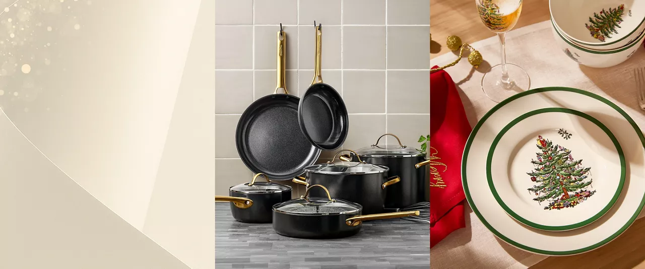 Split photo of an arrangement of pans and festive holiday plates