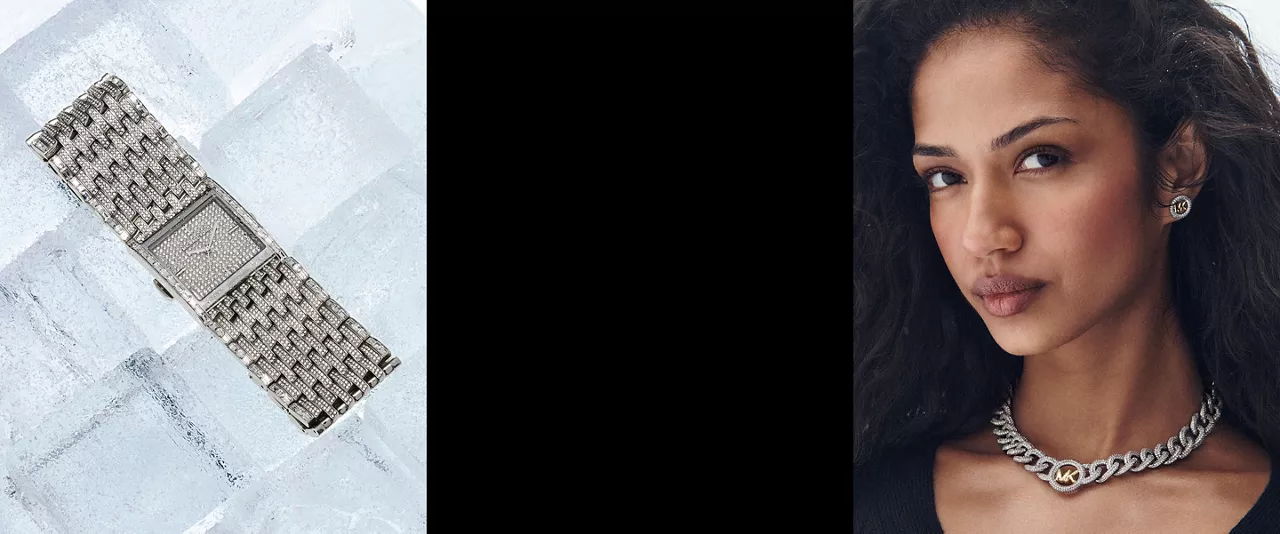 Watch on the left, woman on the right with necklace