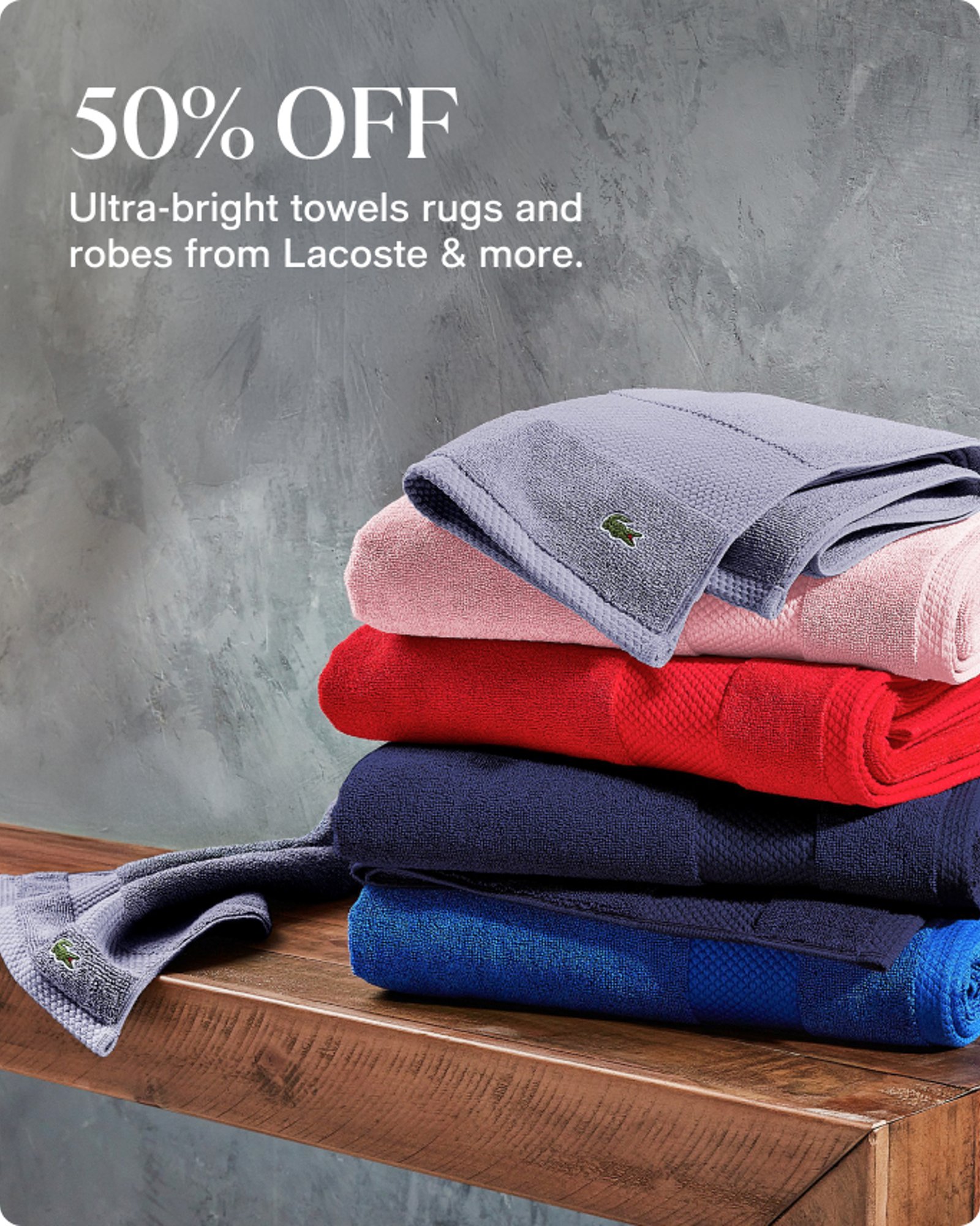 Textile-offer-card-50-OFF-Ultra-bright-towels-rugs-and-robes