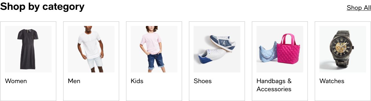 Shop by category, Shop All, Women, Men, Kids, Shoes, Handbags and Accessories, Watches
