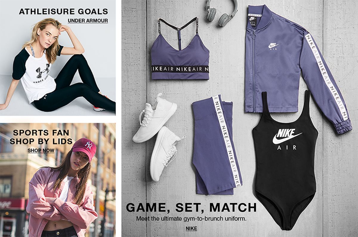 Athleisure Goals, Under Armour, Sports Fan Shop by Lids, Shop Now, Game, Set, Match, Meet the ultimate gym-to-brunch uniform, Nike