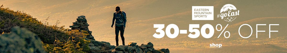 Eastern Moutain Sports, Ems est, 1967, # go East, 30-50 percent off, Shop