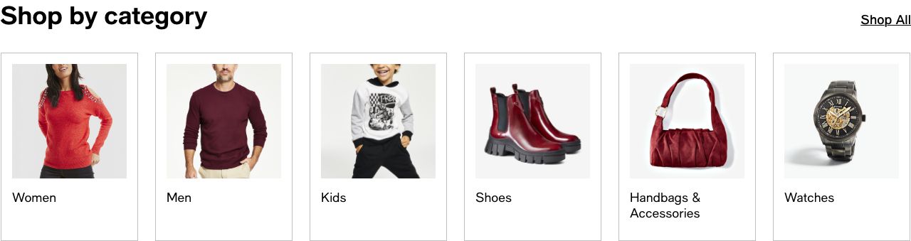 Shop by category, Women, Men, Kids, Shoes, Handbags & Accessories, Watches